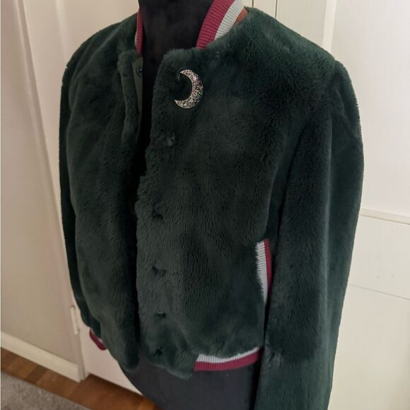 Ted Baker Faux Fur Bomber Jacket Letterman Style Size 1 As New Blue / Teal - Picture 2 of 11
